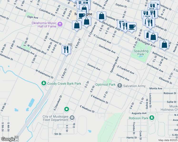 map of restaurants, bars, coffee shops, grocery stores, and more near 233 Independence Avenue in Muskogee