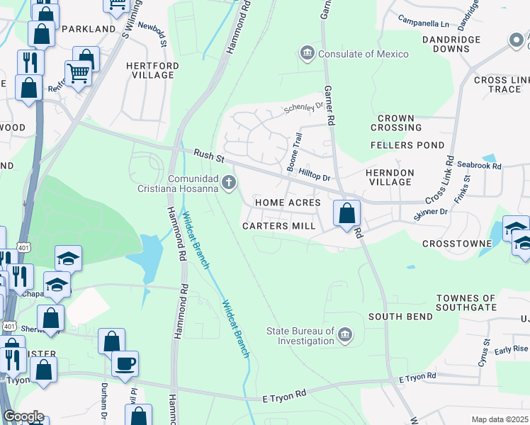 map of restaurants, bars, coffee shops, grocery stores, and more near 3009 Boone Trail in Raleigh
