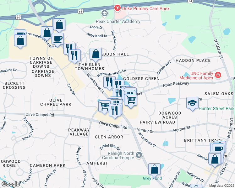 map of restaurants, bars, coffee shops, grocery stores, and more near 800 West Williams Street in Apex