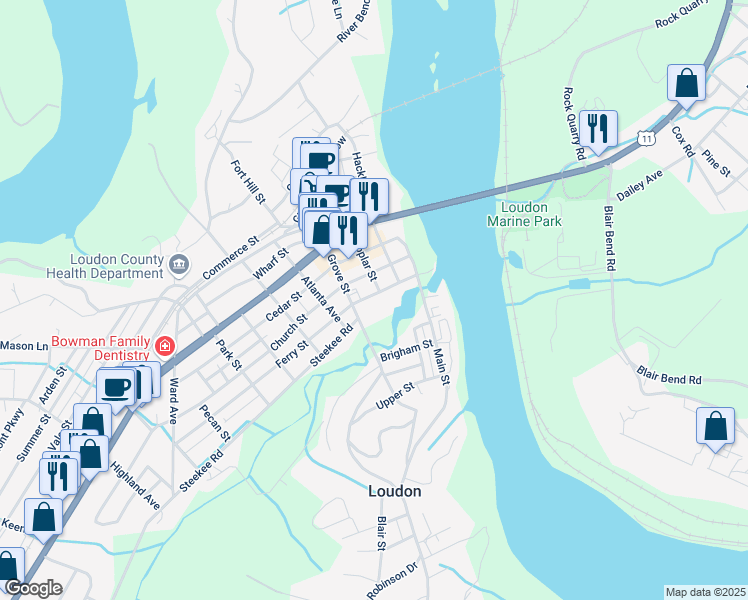 map of restaurants, bars, coffee shops, grocery stores, and more near 305 Ferry Street in Loudon