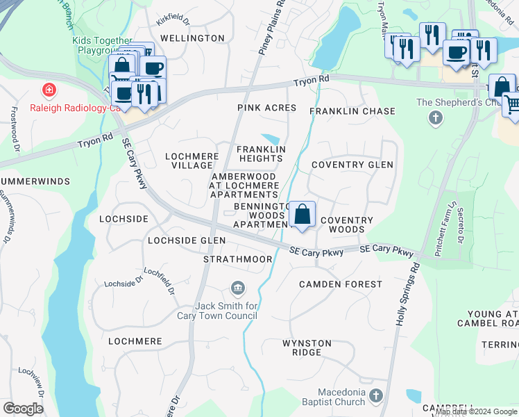 map of restaurants, bars, coffee shops, grocery stores, and more near 700 Spartacus Court in Cary