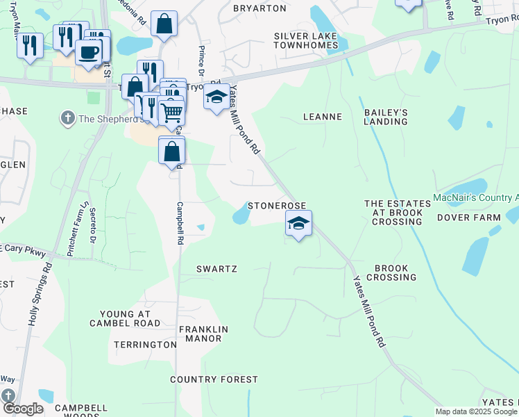 map of restaurants, bars, coffee shops, grocery stores, and more near 2212 Stonerose Circle in Raleigh