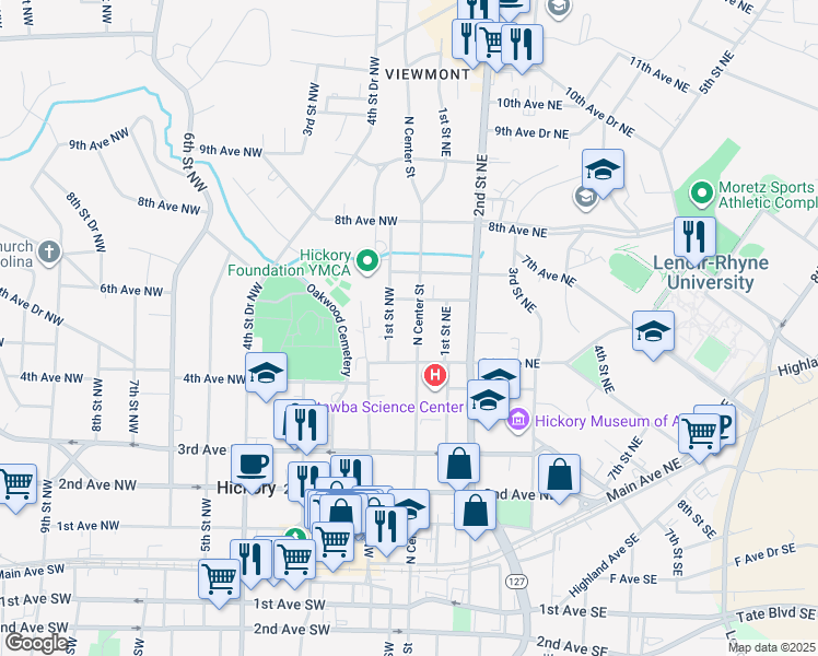 map of restaurants, bars, coffee shops, grocery stores, and more near 539 North Center Street in Hickory
