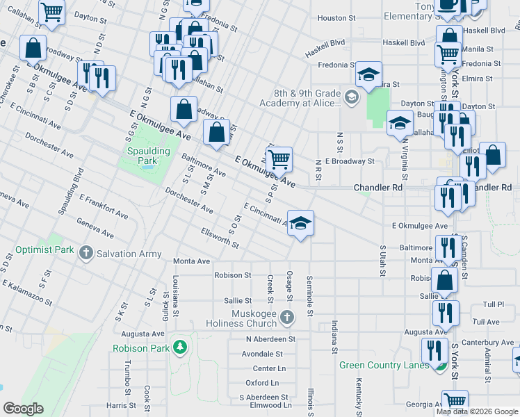 map of restaurants, bars, coffee shops, grocery stores, and more near 1615 East Cincinnati Avenue in Muskogee