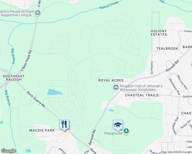 map of restaurants, bars, coffee shops, grocery stores, and more near 3400 Barwell Road in Raleigh