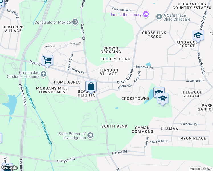 map of restaurants, bars, coffee shops, grocery stores, and more near 753 Maypearl Lane in Raleigh