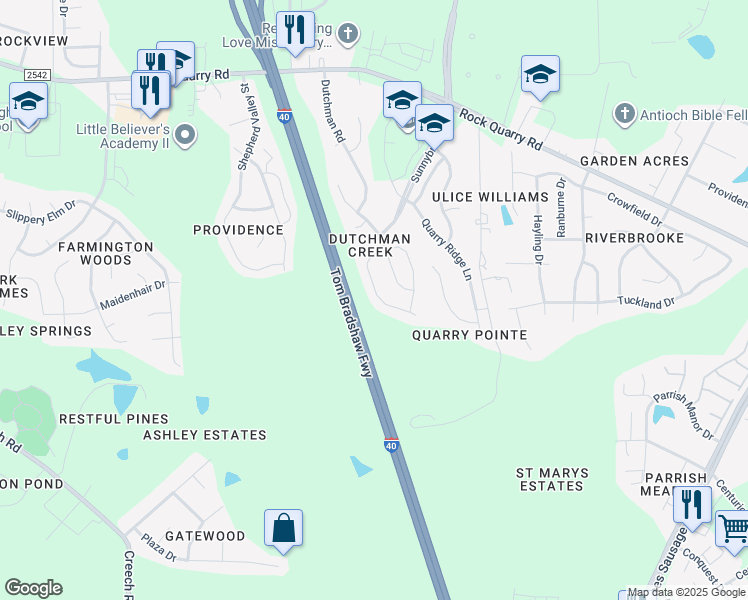 map of restaurants, bars, coffee shops, grocery stores, and more near 2852 Orchard Trace Way in Raleigh