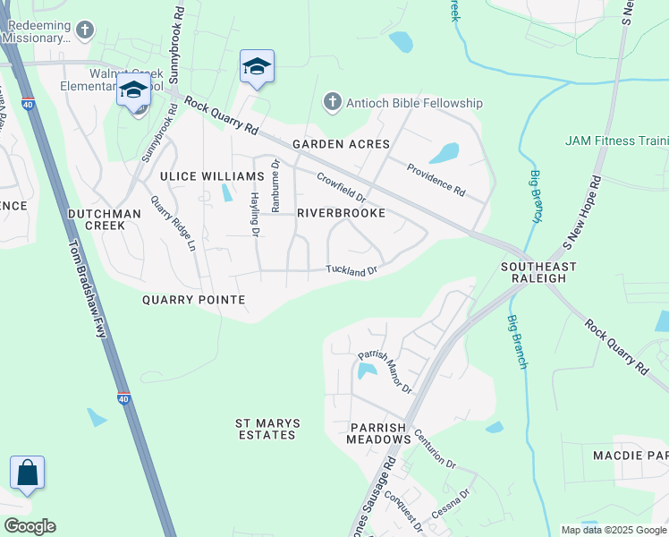 map of restaurants, bars, coffee shops, grocery stores, and more near 3214 Tuckland Drive in Raleigh