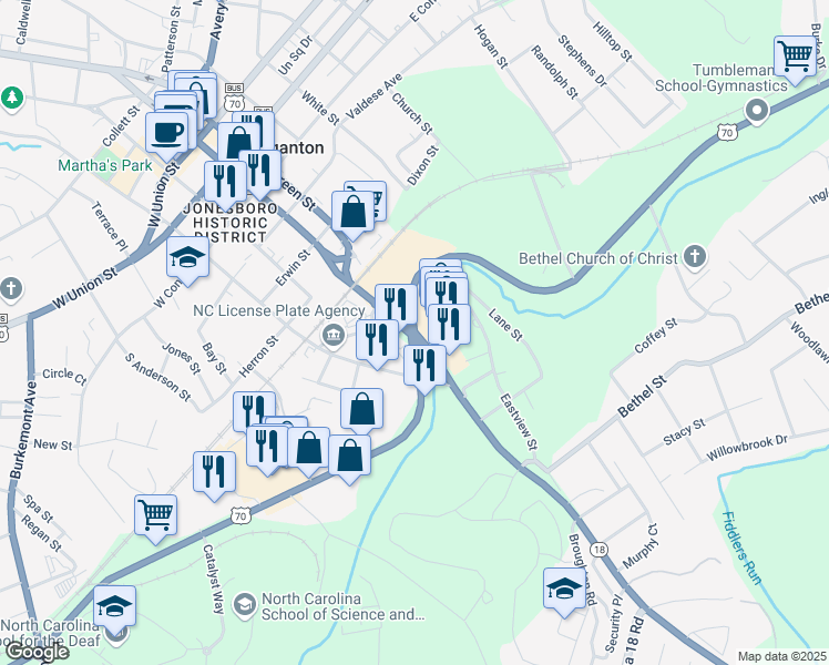 map of restaurants, bars, coffee shops, grocery stores, and more near 64 East Fleming Drive in Morganton