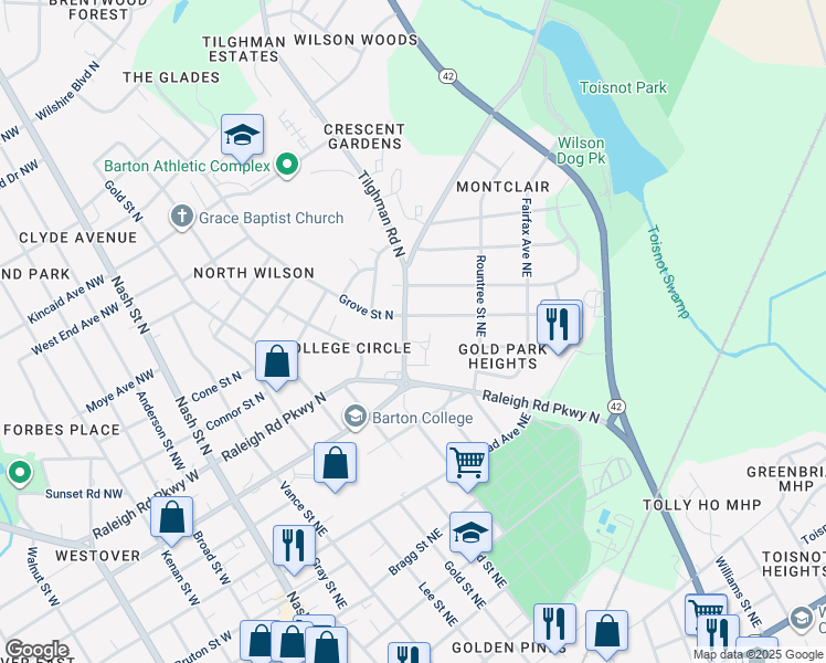 map of restaurants, bars, coffee shops, grocery stores, and more near 801-805 College Circle North in Wilson