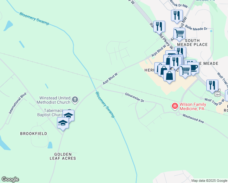 map of restaurants, bars, coffee shops, grocery stores, and more near 3913 Gloucester Drive West in Wilson