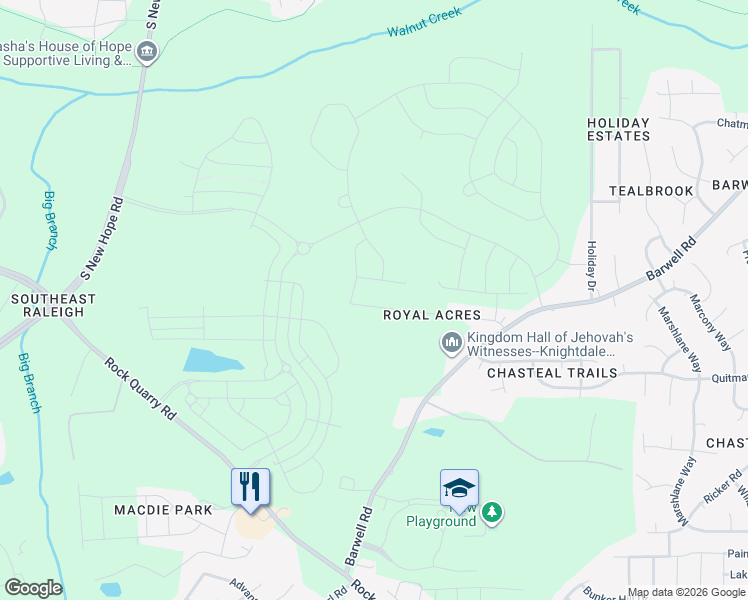 map of restaurants, bars, coffee shops, grocery stores, and more near 3400 Barwell Road in Raleigh