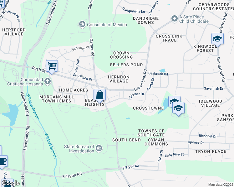 map of restaurants, bars, coffee shops, grocery stores, and more near 730 Maypearl Lane in Raleigh
