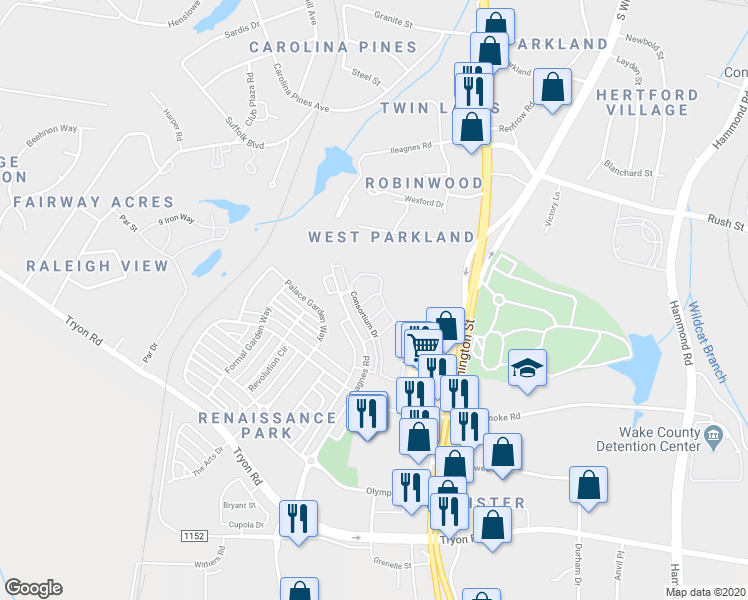map of restaurants, bars, coffee shops, grocery stores, and more near 414 Stone Flower Lane in Raleigh