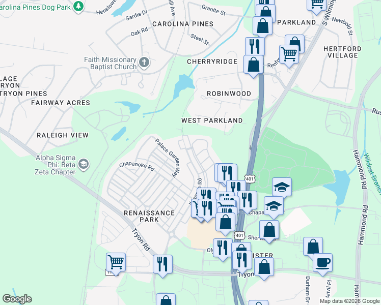 map of restaurants, bars, coffee shops, grocery stores, and more near 1116 Palace Garden Way in Raleigh