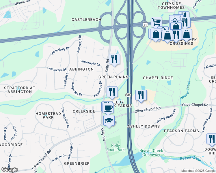 map of restaurants, bars, coffee shops, grocery stores, and more near 2276 Red Knot Lane in Apex
