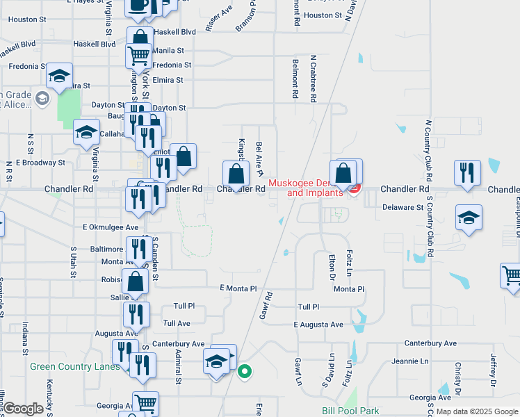 map of restaurants, bars, coffee shops, grocery stores, and more near 3211 Chandler Road in Muskogee