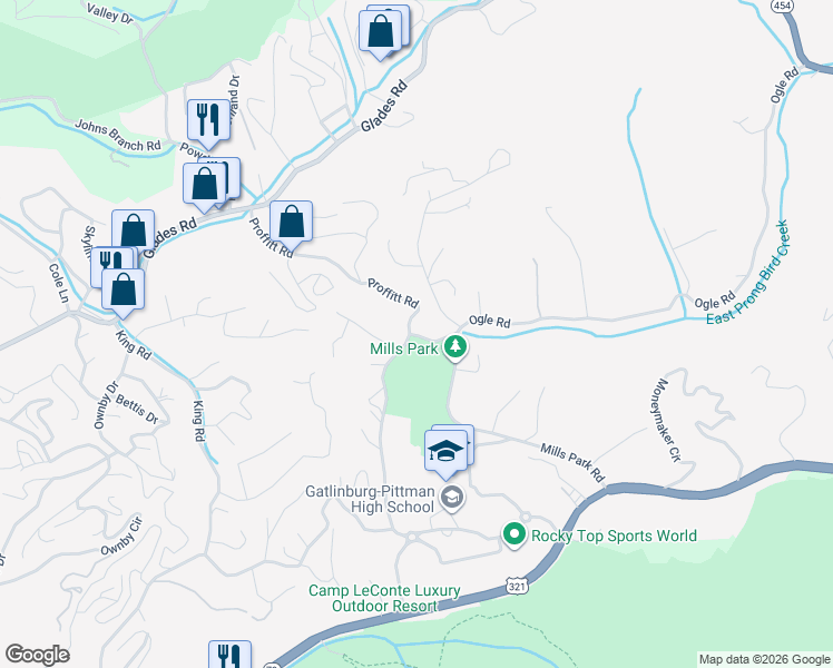 map of restaurants, bars, coffee shops, grocery stores, and more near 1705 Ogle Road in Gatlinburg