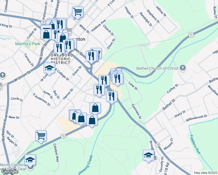 map of restaurants, bars, coffee shops, grocery stores, and more near 64 East Fleming Drive in Morganton