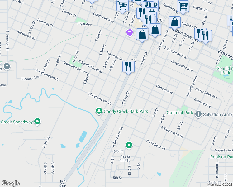 map of restaurants, bars, coffee shops, grocery stores, and more near 1020 South 2nd Street in Muskogee