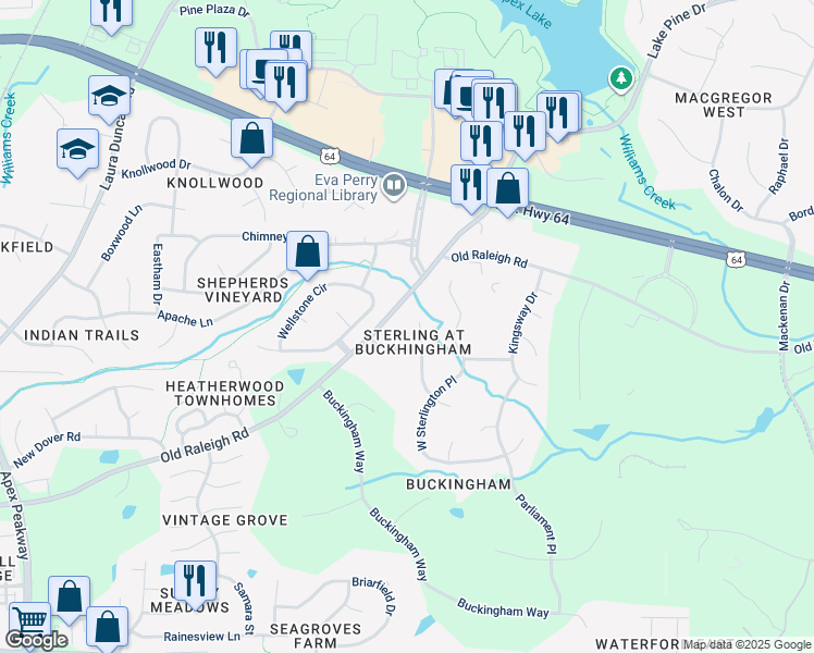 map of restaurants, bars, coffee shops, grocery stores, and more near 1019 North Wellonsburg Place in Apex