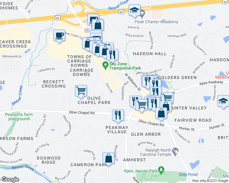 map of restaurants, bars, coffee shops, grocery stores, and more near 1410 Zeno Road in Apex