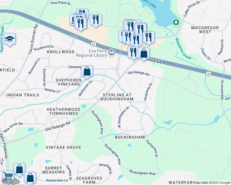map of restaurants, bars, coffee shops, grocery stores, and more near 1019 North Wellonsburg Place in Apex