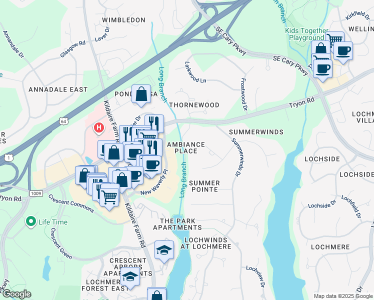 map of restaurants, bars, coffee shops, grocery stores, and more near 109 Ambiance Lane in Cary