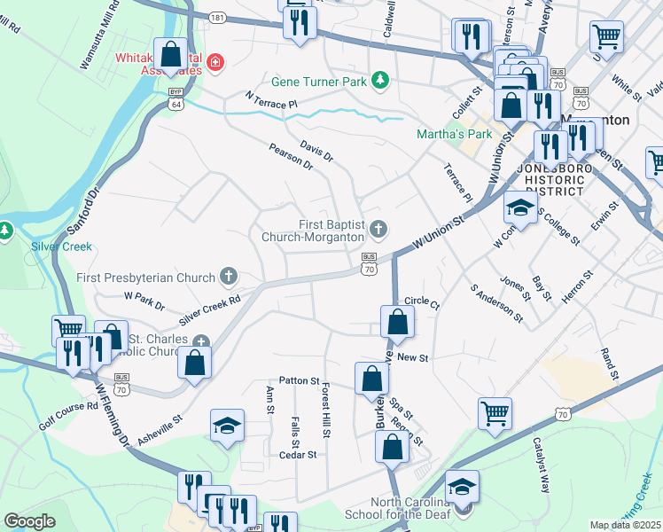 map of restaurants, bars, coffee shops, grocery stores, and more near 604 West Union Street in Morganton