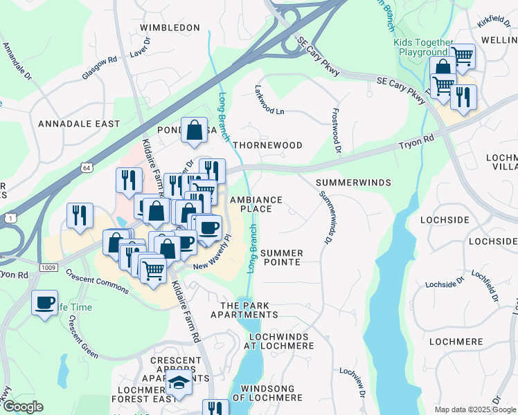 map of restaurants, bars, coffee shops, grocery stores, and more near 109 Ambiance Lane in Cary