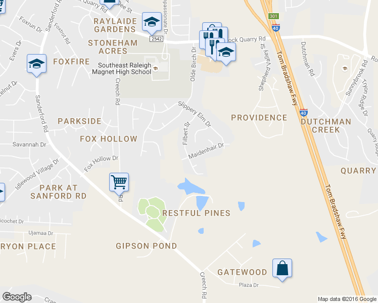 map of restaurants, bars, coffee shops, grocery stores, and more near 2881 Filbert Street in Raleigh