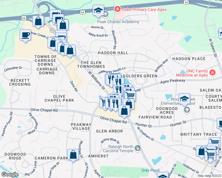 map of restaurants, bars, coffee shops, grocery stores, and more near 800 West Williams Street in Apex