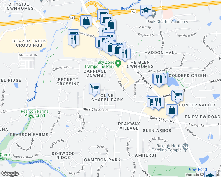 map of restaurants, bars, coffee shops, grocery stores, and more near 1781 Grande Chateau Lane in Apex