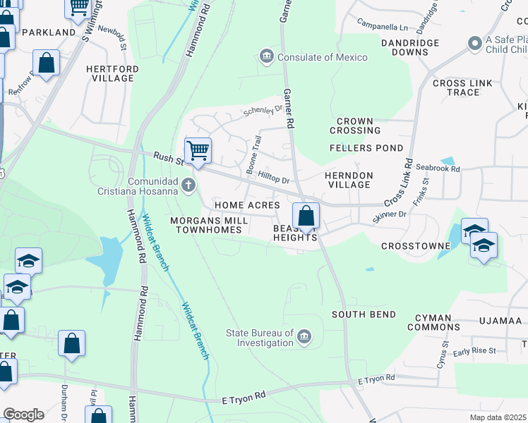 map of restaurants, bars, coffee shops, grocery stores, and more near 512 Shelden Drive in Raleigh