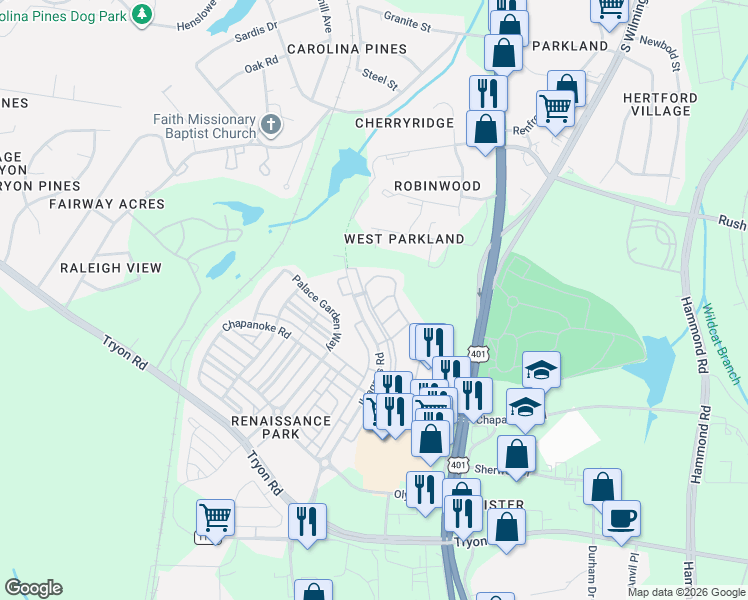 map of restaurants, bars, coffee shops, grocery stores, and more near 414 Stone Flower Lane in Raleigh