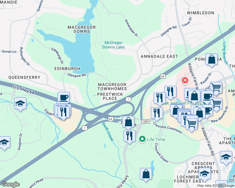 map of restaurants, bars, coffee shops, grocery stores, and more near 111 Prestwick Place in Cary