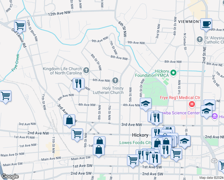 map of restaurants, bars, coffee shops, grocery stores, and more near 431 6th Street Northwest in Hickory