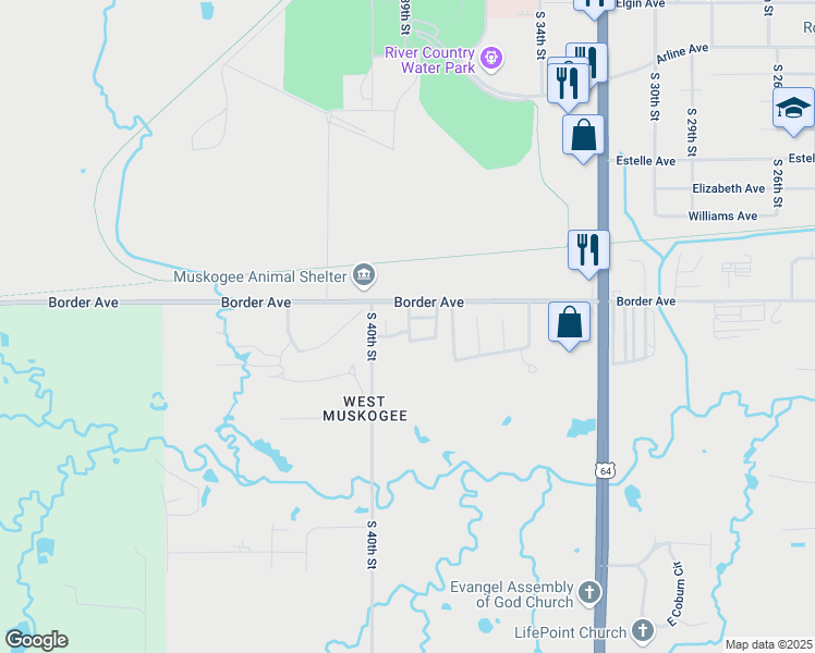 map of restaurants, bars, coffee shops, grocery stores, and more near 3918 Meadowbrook Drive in Muskogee