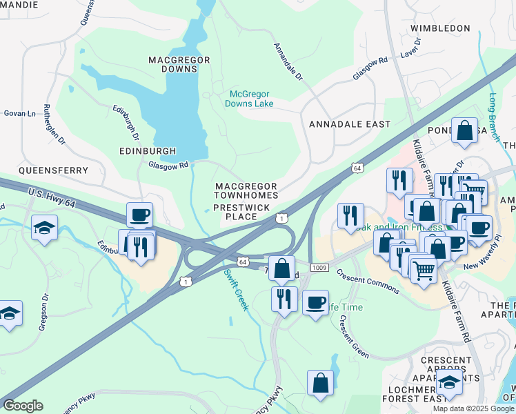 map of restaurants, bars, coffee shops, grocery stores, and more near 111 Prestwick Place in Cary