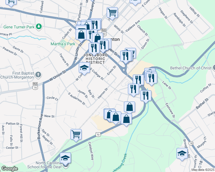 map of restaurants, bars, coffee shops, grocery stores, and more near 211 Herron Street in Morganton