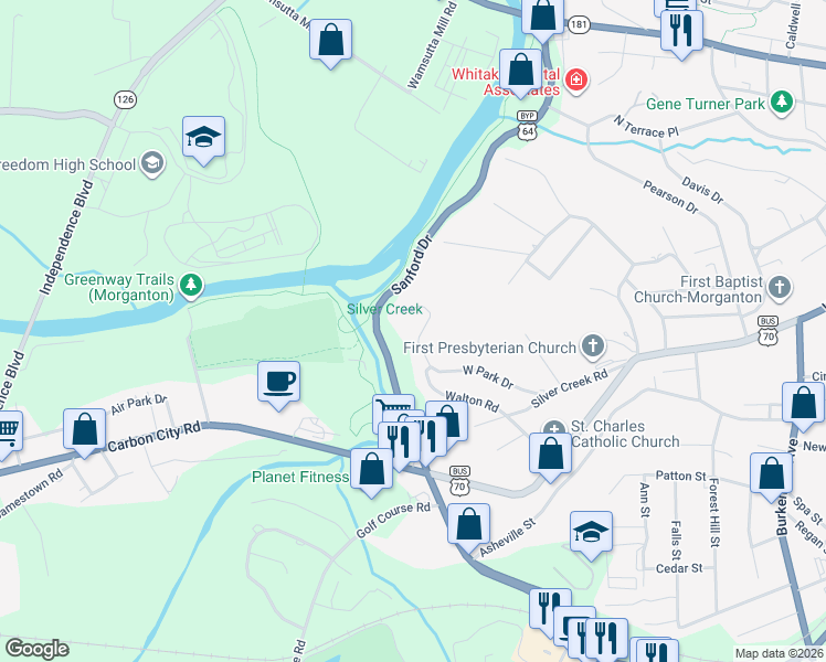 map of restaurants, bars, coffee shops, grocery stores, and more near 227 West Park Drive in Morganton