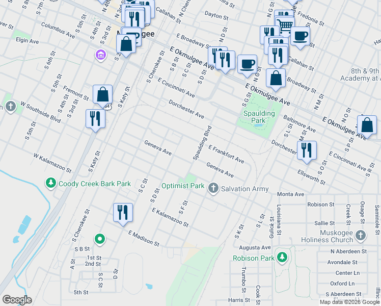 map of restaurants, bars, coffee shops, grocery stores, and more near 711 Spaulding Boulevard in Muskogee