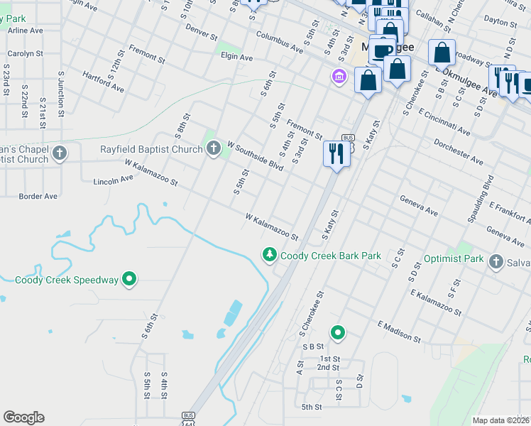 map of restaurants, bars, coffee shops, grocery stores, and more near 1114 South 3rd Street in Muskogee