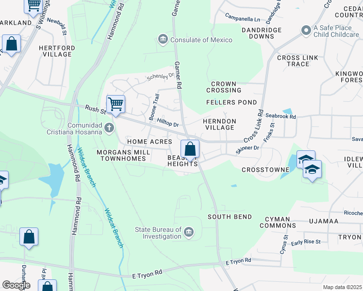 map of restaurants, bars, coffee shops, grocery stores, and more near 514 Bradkin Court in Raleigh