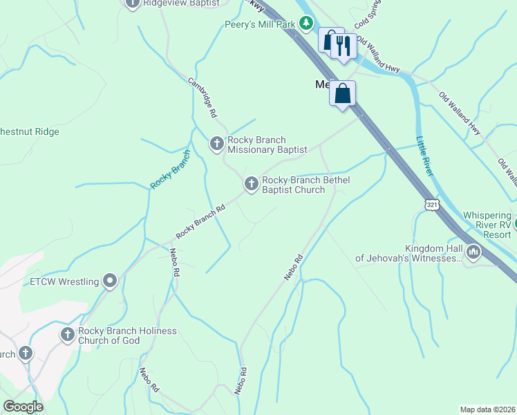map of restaurants, bars, coffee shops, grocery stores, and more near 137 Boring Road in Walland