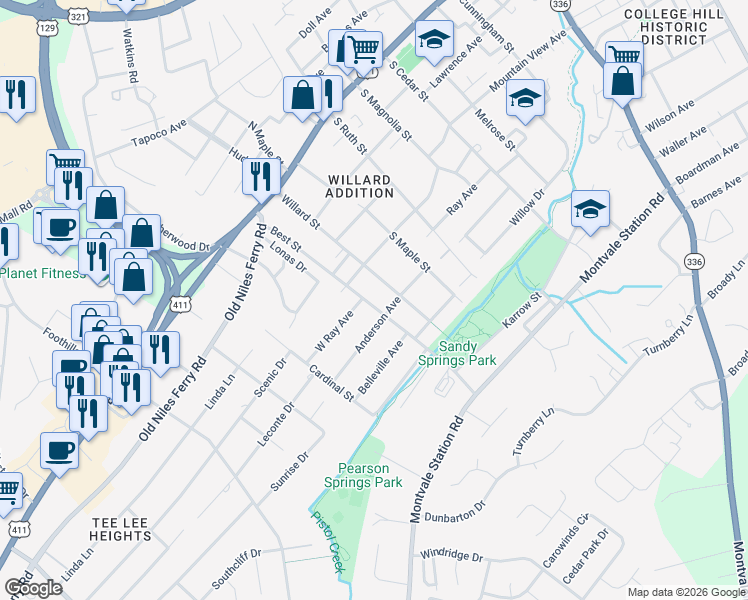 map of restaurants, bars, coffee shops, grocery stores, and more near 321 Best Street in Maryville