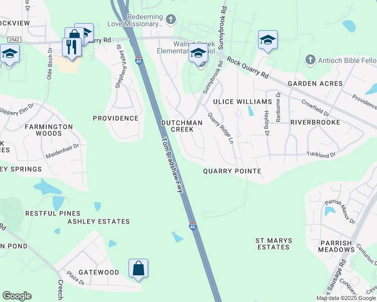 map of restaurants, bars, coffee shops, grocery stores, and more near 2851 Orchard Trace Way in Raleigh