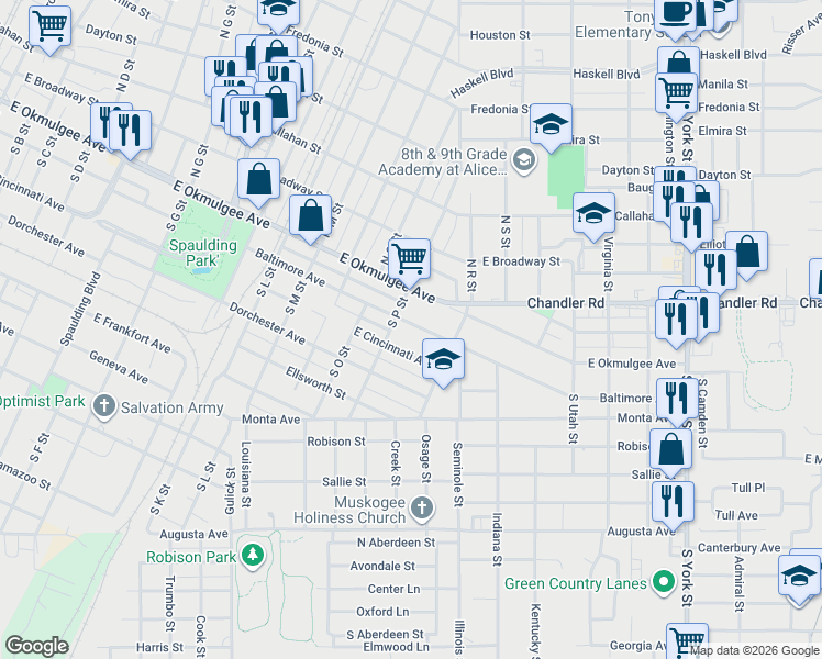 map of restaurants, bars, coffee shops, grocery stores, and more near 1647 East Okmulgee Avenue in Muskogee