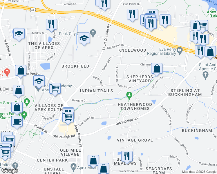 map of restaurants, bars, coffee shops, grocery stores, and more near 1104 Apache Lane in Apex