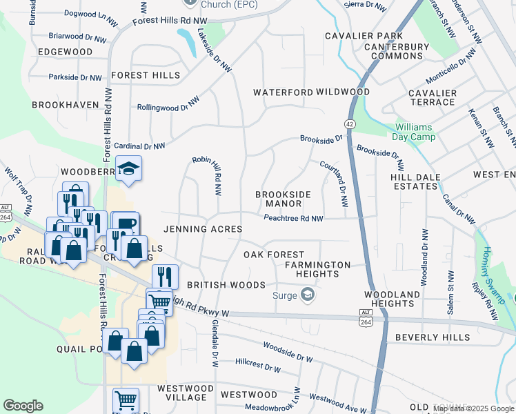 map of restaurants, bars, coffee shops, grocery stores, and more near 1111 Laurel Lane Northwest in Wilson